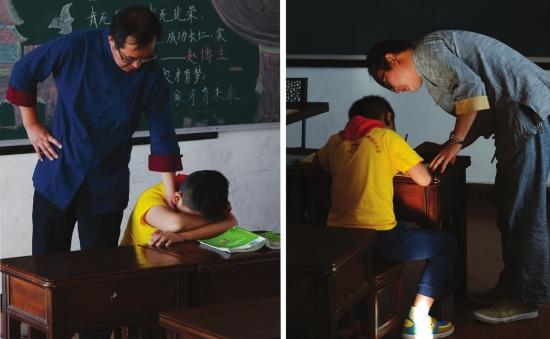 10月15日,长沙市望城区某小学,帅帅突然有点闹情绪,老师正在耐心开导(左),军军则在老师的指导下学习写字。组图/记者陈勇