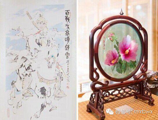 画有《三国志》赵子龙将军的字画（左）、用木槿花刺绣装饰的玻璃工艺品（右）