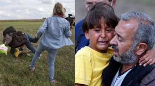 在一名抱着孩子的难民逃过身边的时候，匈牙利一名女摄像师显然易见地故意将其绊倒。