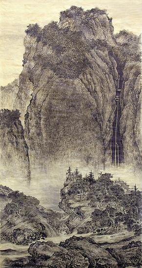 范宽《溪山行旅图》 绢本设色 155×74.3厘米 台北故宫博物院藏 此画作为北宋山水画三大名家之一范宽仅存作品。画面布局雄伟。高居翰盛赞“画面虽消耗了画家的无穷精力,成果却看不出任何斧凿痕迹。”石块和削壁以“雨点皴”定型,无数淡墨小点叠落在岩石上,这种范宽独创的新画法,常被后来“仿范宽”的山水画家们模拟。