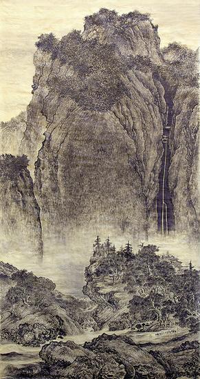 　　范宽《溪山行旅图》 绢本设色 155×74.3厘米 台北故宫博物院藏　　此画作为北宋山水画三大名家之一范宽仅存作品。画面布局雄伟。高居翰盛赞“画面虽消耗了画家的无穷精力，成果却看不出任何斧凿痕迹。”石块和削壁以“雨点皴”定型，无数淡墨小点叠落在岩石上，这种范宽独创的新画法，常被后来“仿范宽”的山水画家们模拟。