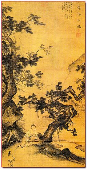 马麟《卧听松风》 1246年 轴 绢本设色 宽110.5厘米 台北故宫博物院 此图绘深山流水间古松两株。一高士憩坐于松根,似听风冥想,有道骨仙风之气。画中人物表情生动刻画入微,其全神贯注的神态,使观者经由想象,似乎也听到了迎风摇曳抑扬回荡的松声。此种画风为南宋马远创立,画家将自己投射于自然的情绪之中,将经验感受本身变成艺术主题。