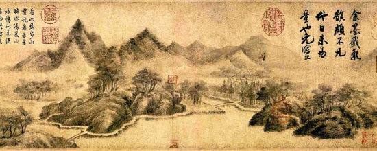 米友仁《云山墨戏图》 纸本墨画 21.4×195.8厘米 北京故宫博物院藏 此图描绘沿江景色,采用“米家山水”的典型画法,山峦先用淡墨染就,继以大小各异的横向墨点反复图写,从而达到雾气迷蒙的独特效果。米友仁为米芾长子,人称“小米”。早年即以擅长书画知名,山水画发展了米芾技法。强调“借物写心”,崇尚“平淡天真”,运笔草草,自称“墨戏”,对后来“文人画”中的笔墨纵放脱略形状有影响。