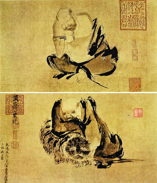 石恪《二祖调心图》 (10世纪) 纸本墨画 东京正法寺 此为石恪仅存传世作品。图中表现禅宗二祖慧可调心师禅时的景象,是宋代禅宗画的重要代表作。作者以睡虎为枕的处理方法,其匠心是以虎为反衬,表现出高僧的修行深厚法力无边。