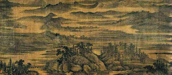 (传)董源《溪岸图》 绢本设色 221.5×110厘米 美国纽约大都会博物馆藏 关于《溪岸图》是否为五代董源所作,学界对此形成三方意见:一说是董源真迹;二是以为未必,但至少是北宋作品;三则直指为张大千伪作。在2014年浙江大学宋画国际学术会议上再引争议。而《溪岸图》的作者虽不可确定,但此图的艺术成就之高却成共识。
