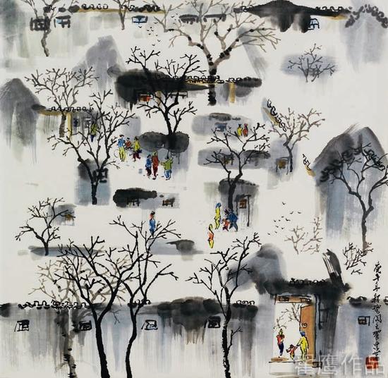 翟鹰《京宅雪霁图》68X68cm水墨1990