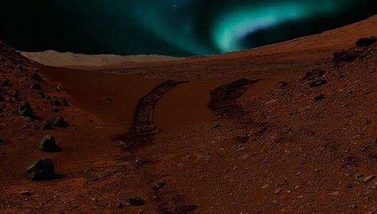 图为艺术家所绘火星上由磁场异常引起的极光的概念图。如果亮度够强的话，甚至在没有磁场的地区，夜空也会被极光照亮。