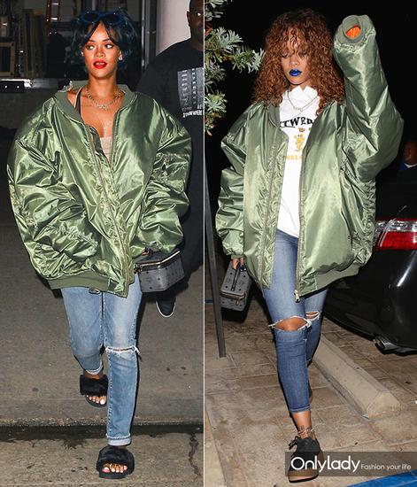 Rihanna穿绿色飞行员夹克亮相