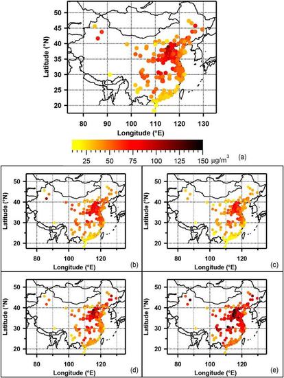 图1：(a)2014/2015年190个城市平均PM2.5浓度(b)春季(c)夏季(d)秋季(e)冬季