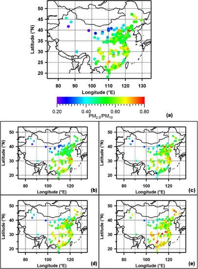 图2：(a)2014/2015年190个城市平均PM2.5/PM10比值(b)春季(c)夏季(d)秋季(e)冬季