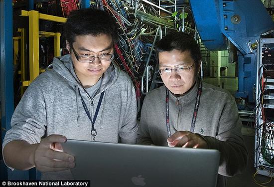 图中左边是上海应用物理研究所的博士生张正桥，右边是STAR合作组物理学家、美国布鲁克海文实验室研究员唐爱洪，他们正在查看相对论重离子对撞机探测器的数据。