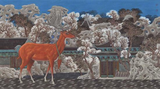 葛冠中,鹿野苑,53×95cm,纸本水墨,2015