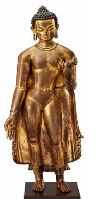 尼泊尔马拉王朝早期 十三世纪鎏金铜释迦牟尼佛立像