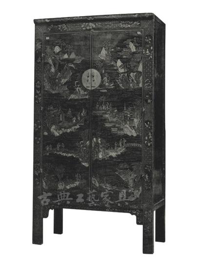 （一）清中晚期 红漆描金山水人物图方角柜（图1-1）　　高204.5厘米，宽113.5厘米，深53.3厘米　　此柜红漆为地，上描金彩绘纹饰，想象实物，定是富丽堂皇，光彩夺目。
