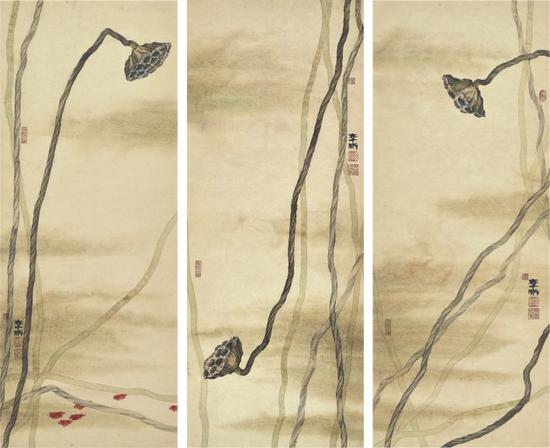 李晰,谁解枯蓬之一,80×32cm×3,纸本水墨,2015