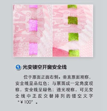 防伪标识一:光变镂空开窗安全线。 来自央行