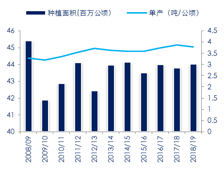 图 22：度稻谷播种面积及单产