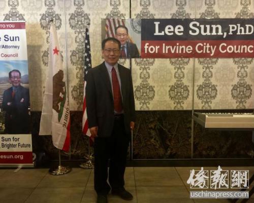 孫立清競選爾灣市議員。(圖片來源:美國僑報記者 尚穎 攝)