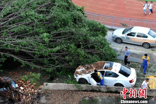 福州一汽车道路救援公司的救援车辆正在试图将被掩埋的汽车拖出。 张斌 摄