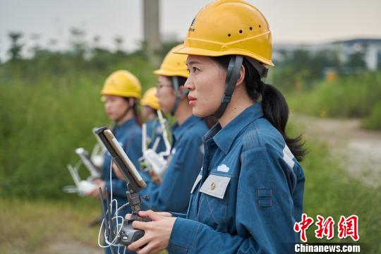 广州供电局组建了一支由90后高学历女员工组成的“巾帼无人机飞行队”,运用无人机开展高压线路巡视和故障查找,实力证明巡线查障的高强度“技术活”女生也能胜任。 龚电 摄