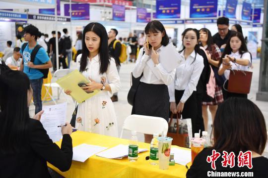 图为毕业生求职者排队递简历、面试。 陈文 摄