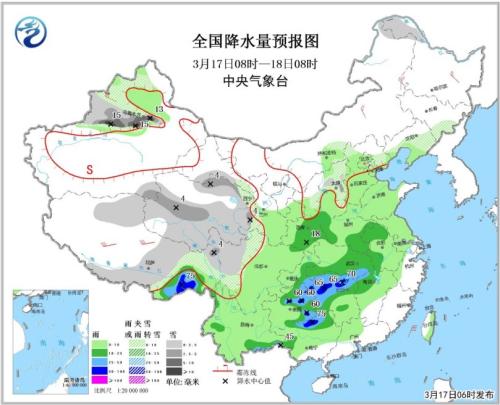 全国降水量预报图(3月17日08时-18日08时)