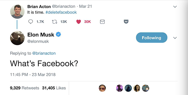 马斯克3月21日回复了Whatsapp的联合创始人Brain Acton带有“删除Facebook”标签的推文。