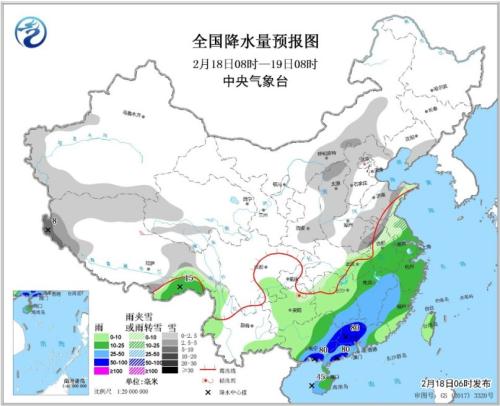 圖1 全國降水量預報圖(2月18日08時-19日08時)