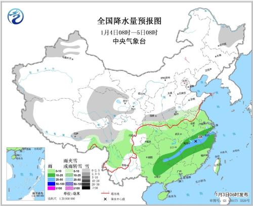全國降水量預報圖(1月4日08時-5日08時)