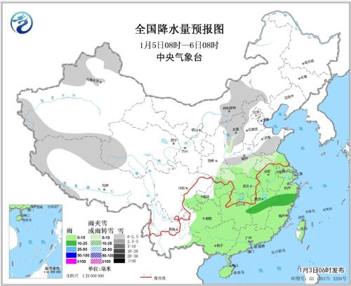 全國降水量預報圖(1月5日08時-6日08時)