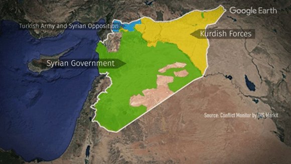 黄色为库尔德武装控制区，绿色为叙利亚政府控制区。图片来源：CBC