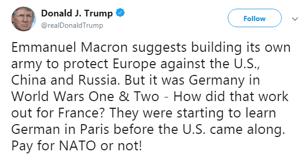 特朗普再发推怼马克龙:法国要学一、二战时的德国?