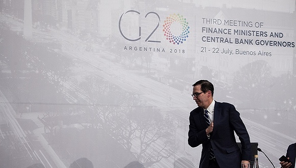 美国财长姆努钦出席G20会议。图片来源：视觉中国