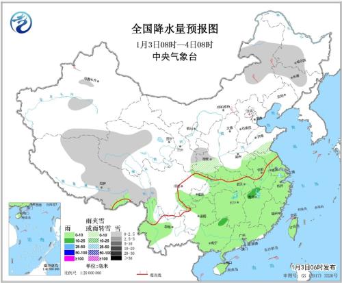 全國降水量預報圖(1月3日08時-4日08時)