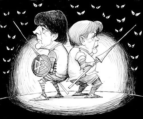 ▲德国足球队主帅勒夫与德国总理默克尔背靠背站着，手拿长矛，面对四周黑暗中无数双眼睛。看来，无论是在球场上还是在政坛上，&ldquo;德国队&rdquo;都局势堪忧。（美国卡格尔漫画网）