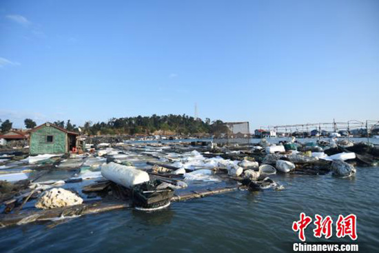 受事故影响,不少渔排上的泡沫浮材被腐蚀,造成渔排下沉,当地渔民损失严重。