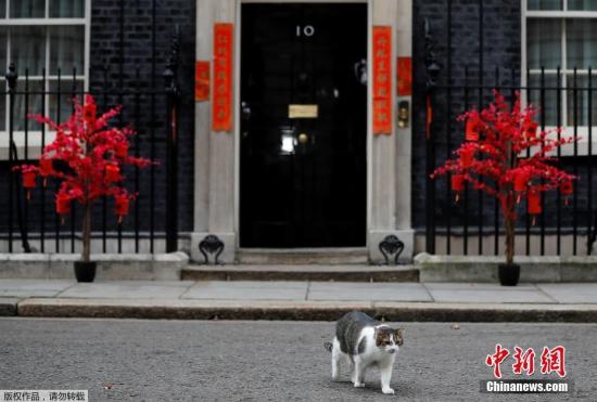 當地時間1月31日,英國倫敦唐寧街10號(英國首相官邸)貼春聯掛彩燈,慶祝即將到來的農曆新年。