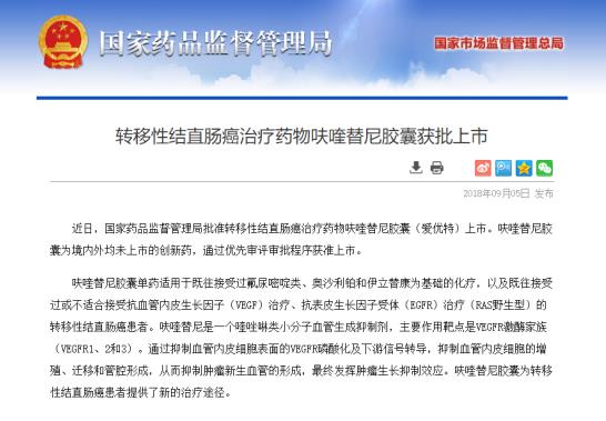 家药监局:转移性结直肠癌治疗药物呋喹替尼胶