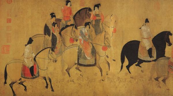 张萱，《虢国夫人游春图》（局部，宋摹本），752年，现藏于辽宁省博物馆