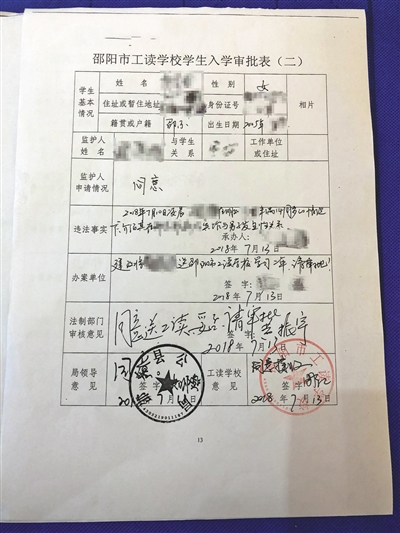 朱琦琦的入学申请表,上面记录着她的基本信息、违法事实等。