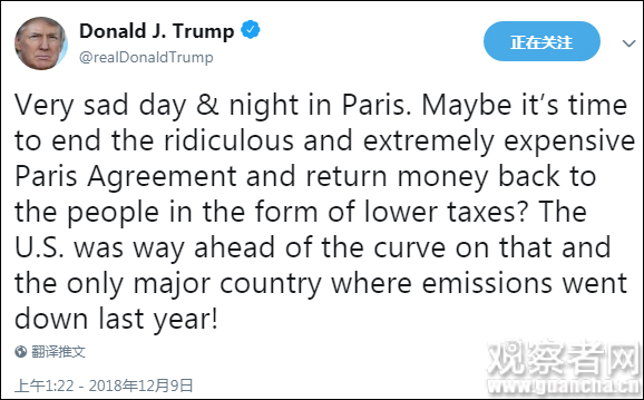 特朗普1天2推评论黄背心运动 法外长:不要干