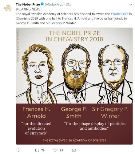 2018年诺贝尔化学奖授予3位科学家。