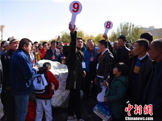 来自内地客商在竞拍现场举牌。 甫拉提·尼亚孜 摄