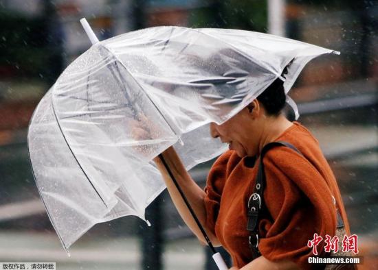 资料图:市民在台风天气出行。 南海热带云团加强为热带低压 海南发布台风四级预警