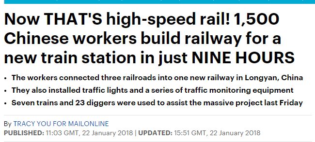 ▲这就是高铁速度！1500名中国工人为新车站铺设铁路，仅用时9小时！（via Daily Mail）