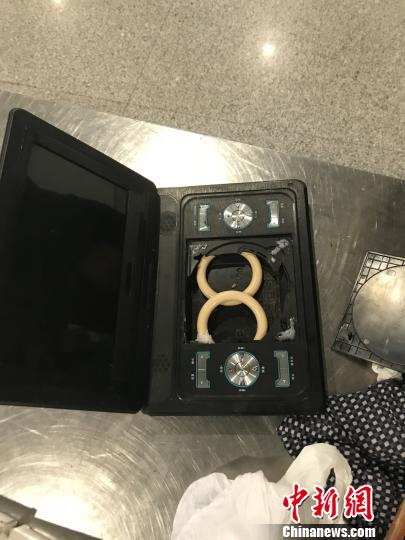 查获的象牙制品,被放入一台旧VCD中。 钟欣 摄