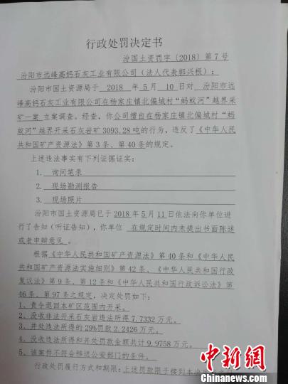 图为郑维忠提供的行政处罚决定书。 范丽芳 摄