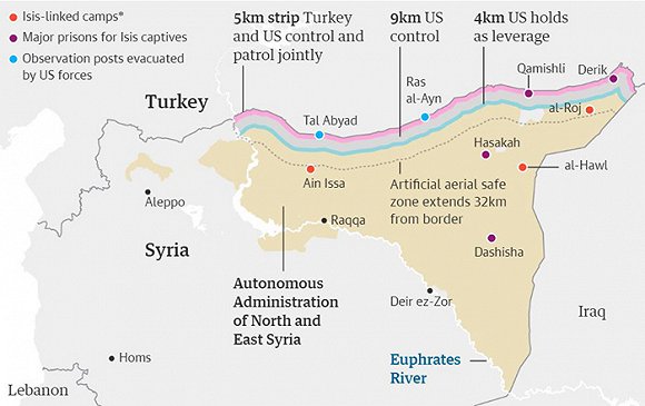 虚线为土耳其计划设立安全区边界，红点为与ISIS有关营地，紫点为ISIS囚犯主要看押地。图片来源：卫报