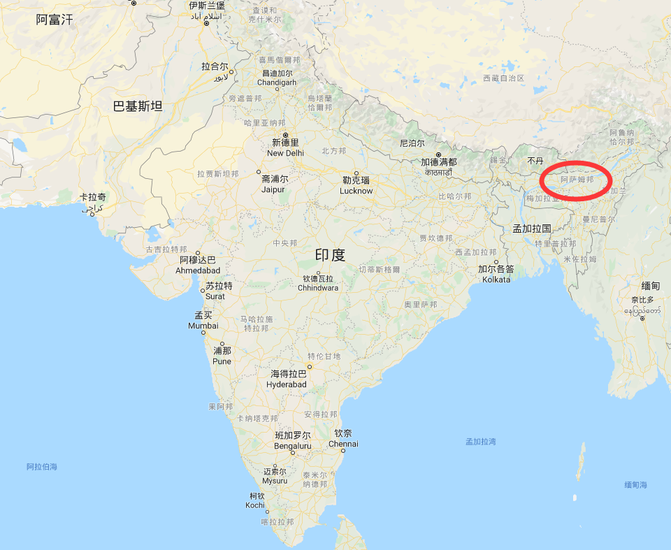 阿萨姆邦位于印度东北,该地区族群种类与族群关系极为复杂(图/谷歌地图)