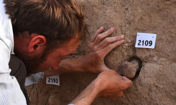 考古学家雷伊正在尝试从Eninnu神庙墙壁上取下一枚陶锥